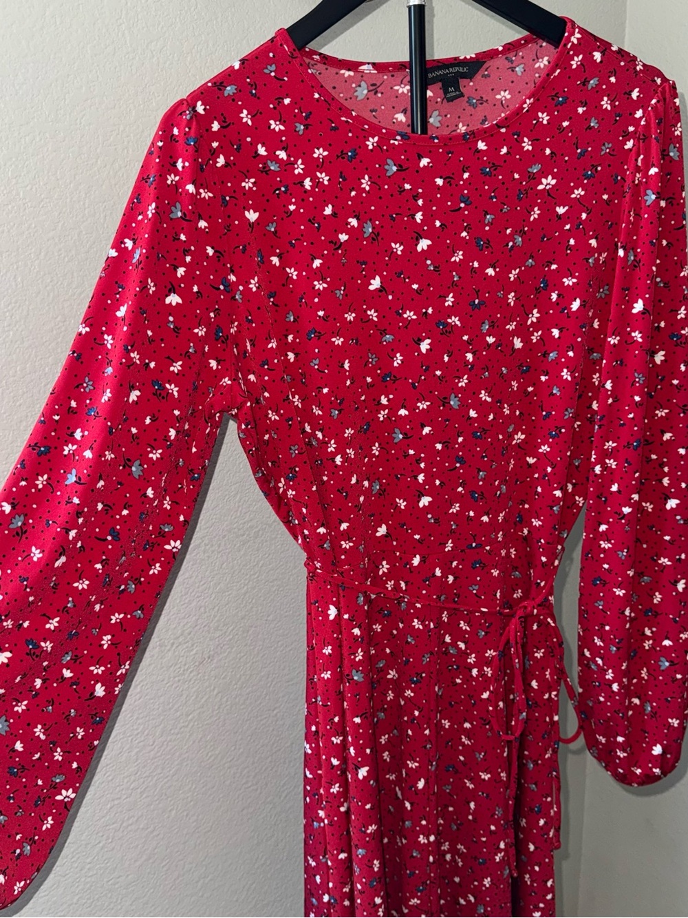 Banana Republic Red Floral Long-Sleeve Tie-Waist Dress Size M - Picture 5 of 9